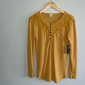 7th Ray Mustard Crotchet Detail Henley Tunic Top